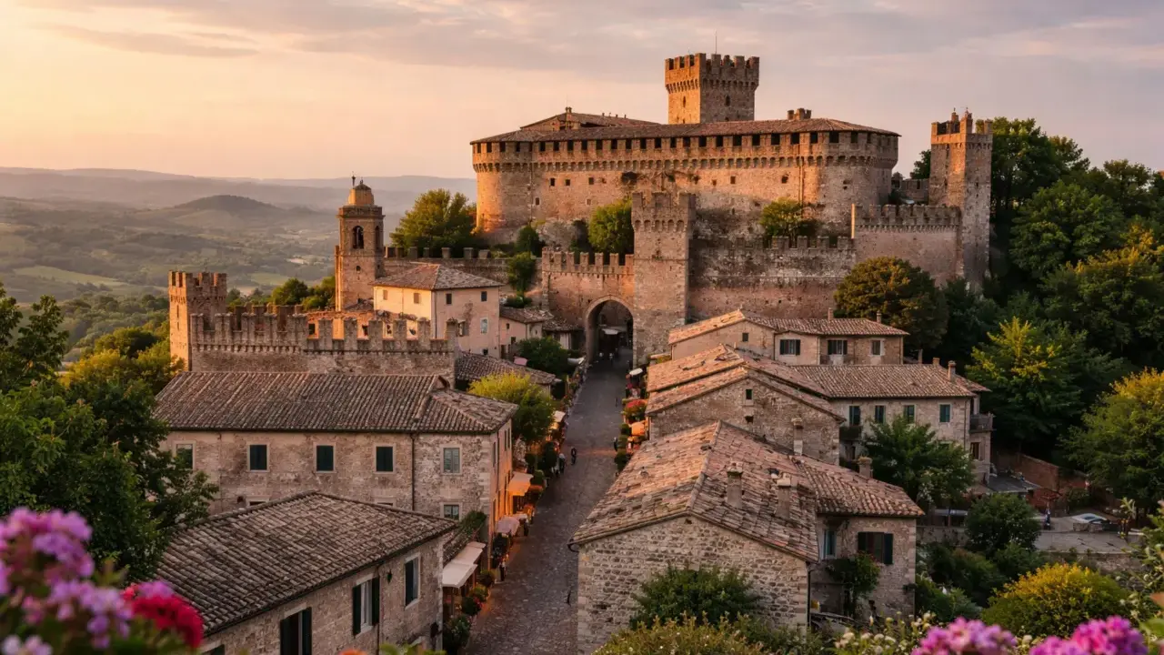 Borgo medievale con castello imponente, forse un tempo dimora dei Malatesta di Rimini, al tramonto.