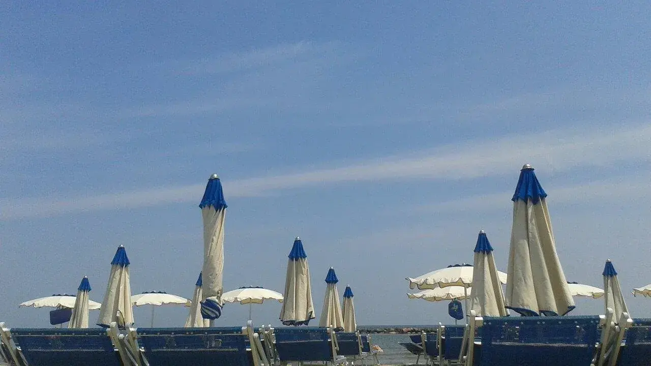 Spiaggia attrezzata al bar Lido di Savio, con lettini blu e ombrelloni bianchi e blu sotto un cielo limpido.