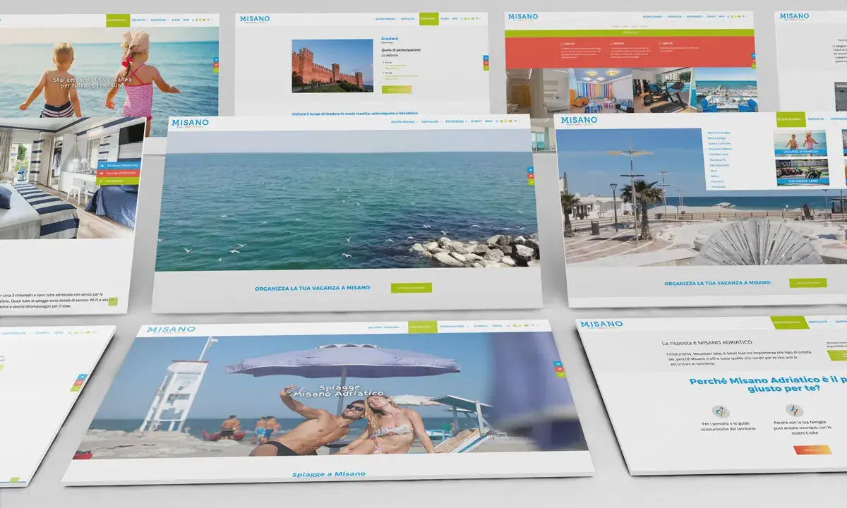 Schermate di siti web che promuovono vacanze a Misano Adriatico, con immagini di spiagge, mare e castelli.