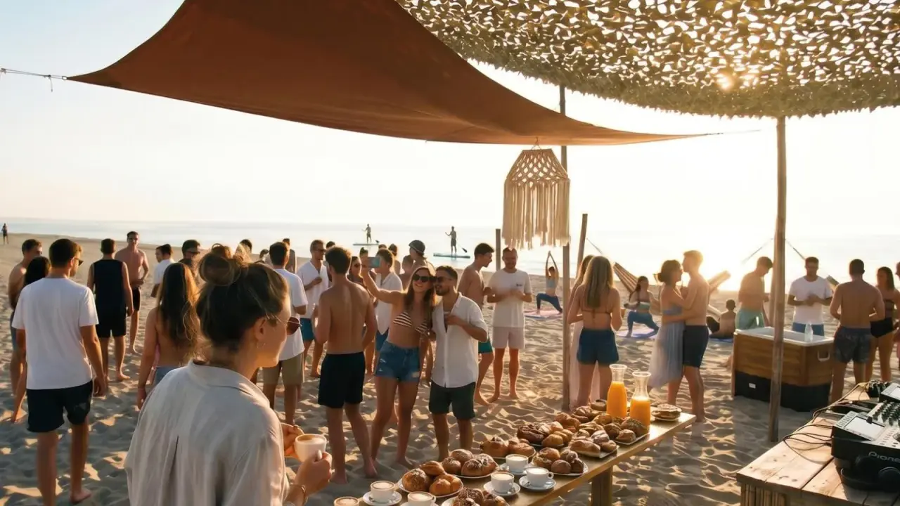Un gruppo di persone festeggia su una spiaggia di Rimini, con un buffet di dolci e caffè. Alcuni fanno yoga, altri si godono il sole.