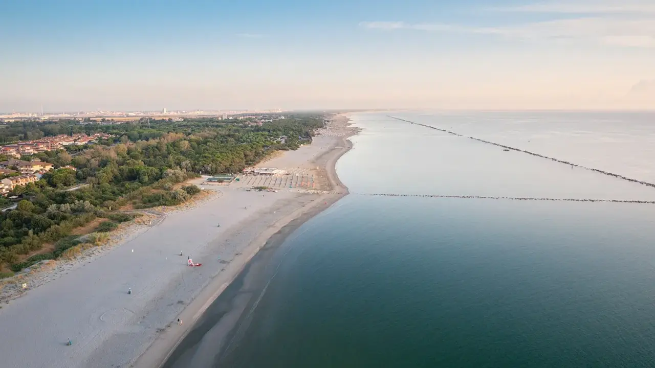 Vasta spiaggia dorata e mare calmo, con file di ombrelloni che delineano un lido di classe. All'orizzonte, la costa punteggiata di verde e costruzioni.