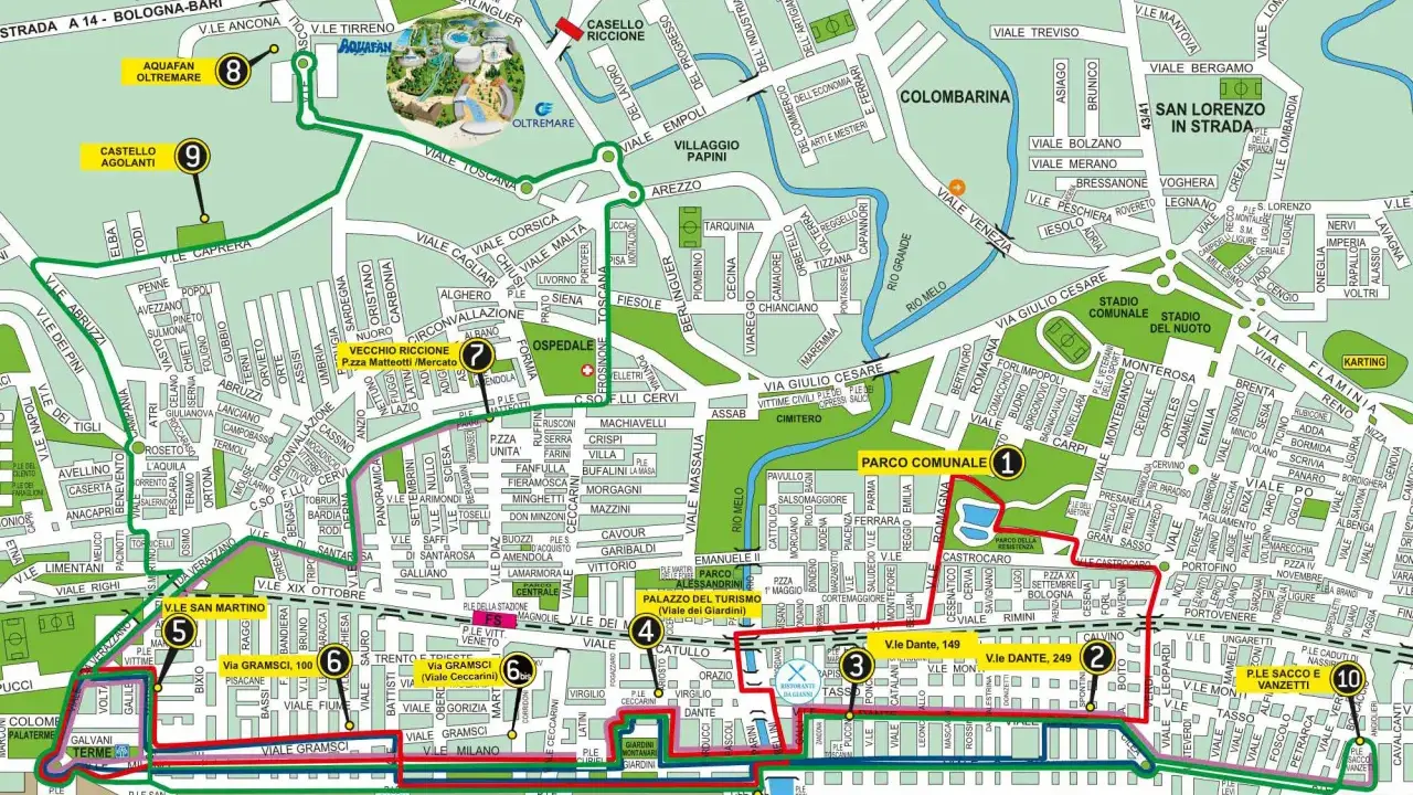 Percorso del trenino di Riccione: da Aquafan a P.le del Porto, passando per il Vecchio Riccione e il Parco Comunale.