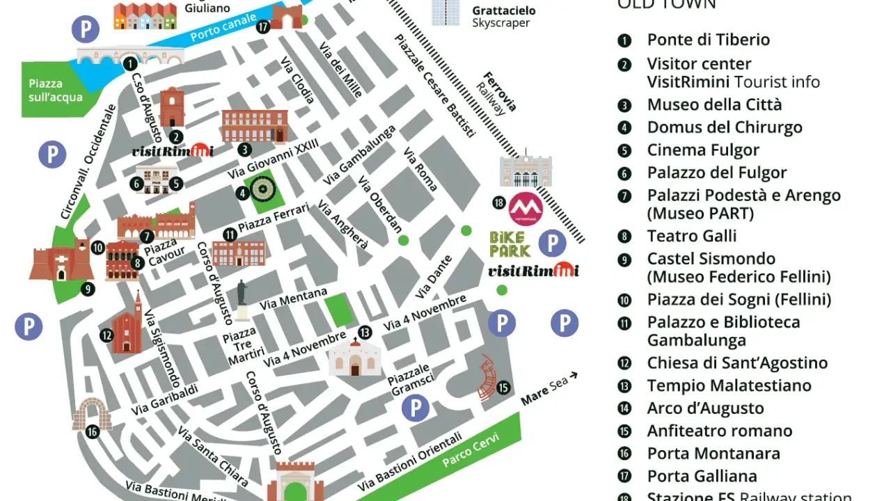 Mappa del centro storico di Rimini, con indicati monumenti, piazze e servizi.