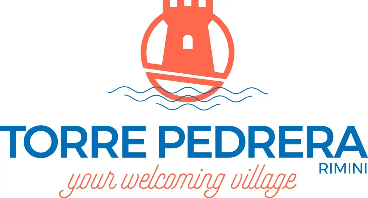 Logo di Torre Pedrera, con una torre stilizzata sopra il mare. Sotto, il nome "TORRE PEDRERA" e la scritta "your welcoming village Rimini".