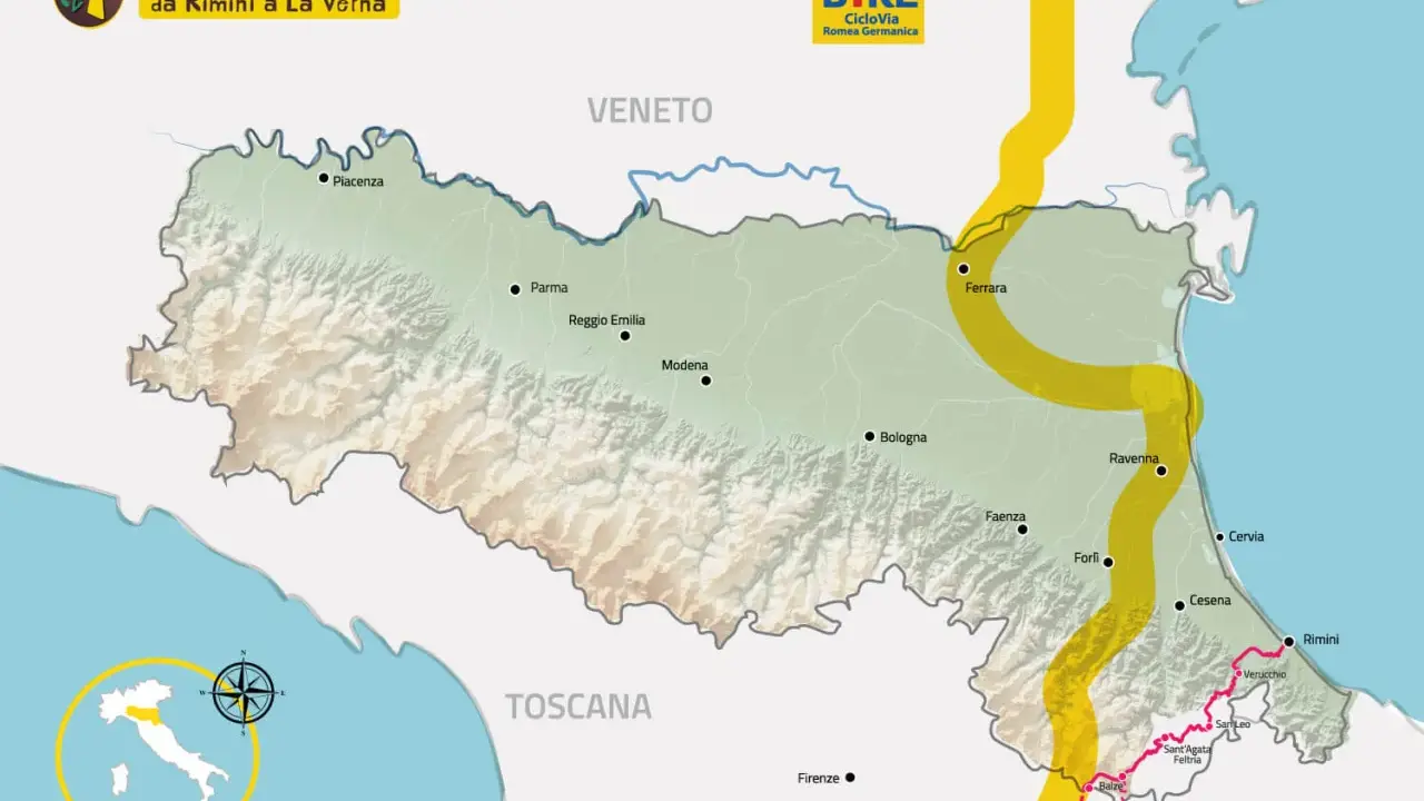 Mappa del cammino di San Francesco da Rimini a La Verna, con percorso ciclabile evidenziato.