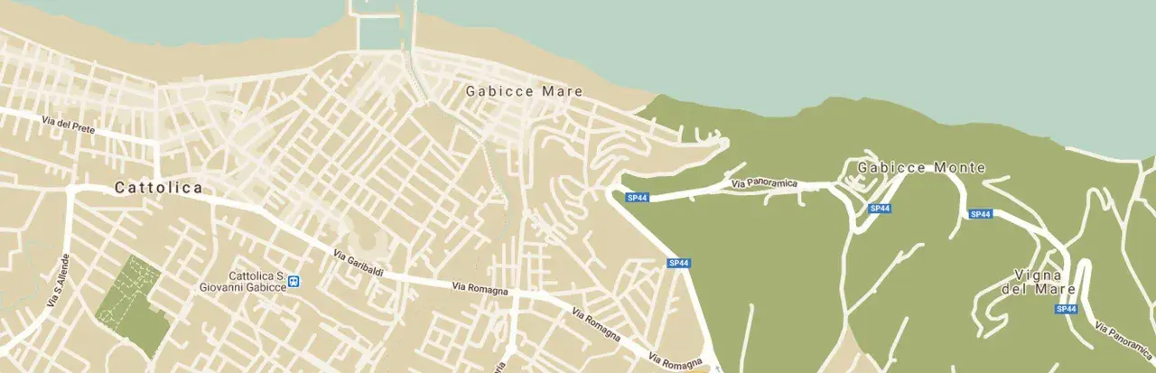 Cartina di Gabicce Mare e Cattolica, con strade, verde e il mare. Si vedono Gabicce Monte e Vigna del Mare.