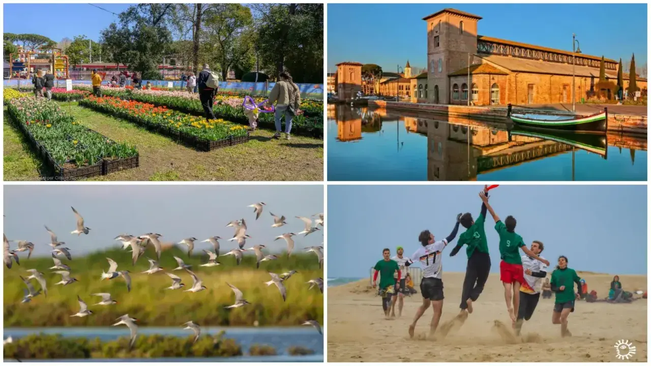 Fiori colorati, un canale con barca, stormo di uccelli e ragazzi che giocano a frisbee sulla spiaggia: un'allegra Pasquetta in Romagna.