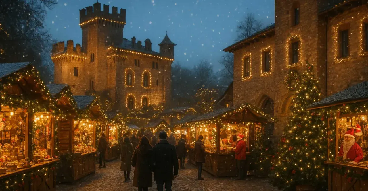 Magici mercatini di Natale in Romagna, con bancarelle illuminate e un castello sullo sfondo, mentre cade la neve.