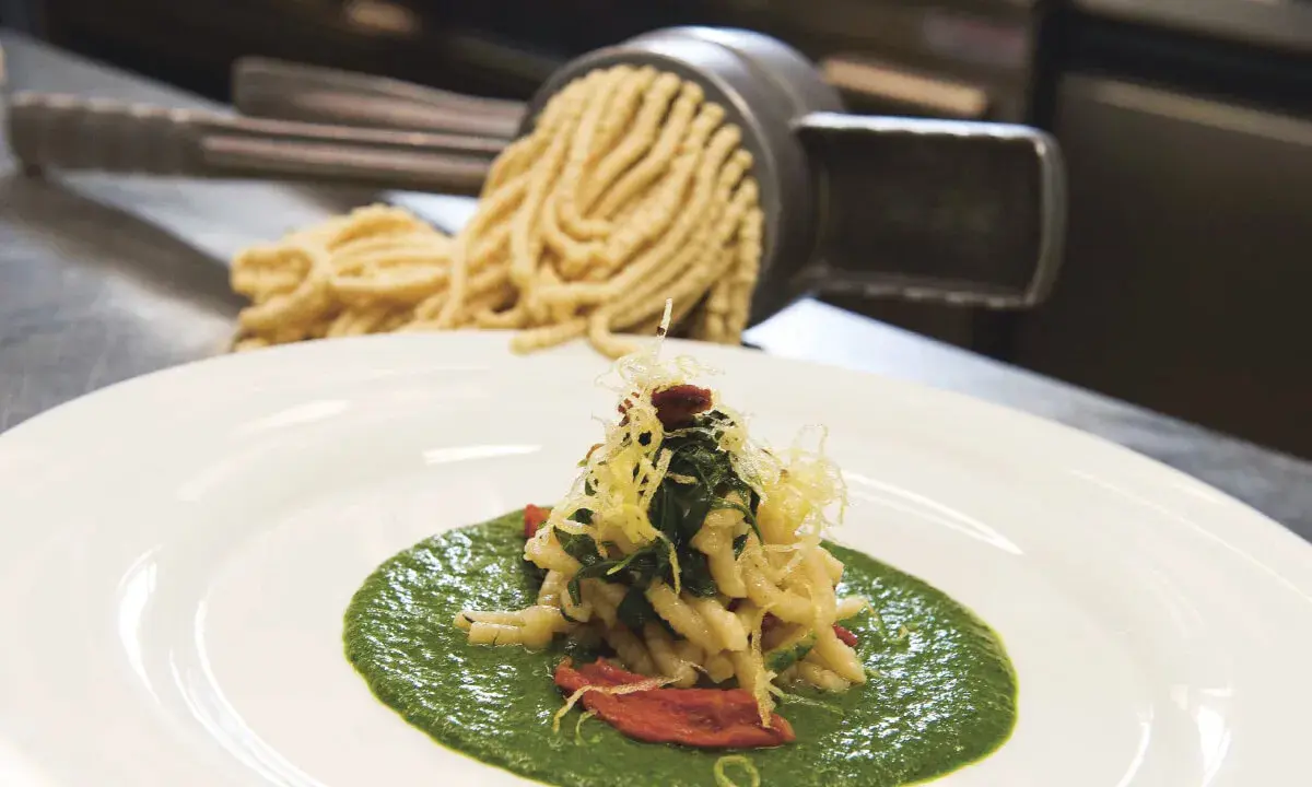 Pasta fresca fatta a mano su crema di verdure, un'idea su cosa mangiare a San Marino per un'esperienza culinaria autentica.