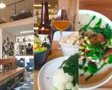 Interno di una trattoria a Rimini centro: tavoli in legno, bancone, insalata, birra e zuppa.