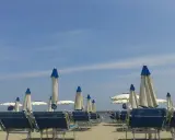 Spiaggia attrezzata al bar Lido di Savio, con lettini blu e ombrelloni bianchi e blu sotto un cielo limpido.
