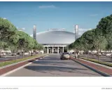 Ingresso ovest della fiera di Rimini, con viali alberati, parcheggi e un'imponente cupola.