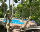 Piscina azzurra e lettini prendisole al **hotel Faro San Mauro Mare**, tra alberi rigogliosi.