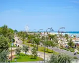 Passeggiata nel verde del parco del mare Rimini, con gente che cammina e pedala, e la ruota panoramica sullo sfondo.