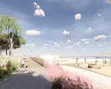 Passeggiata sul lungomare di Cesenatico Ponente, con persone che si godono la spiaggia e il mare sotto un cielo azzurro con nuvole bianche.