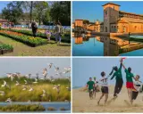 Fiori colorati, un canale con barca, stormo di uccelli e ragazzi che giocano a frisbee sulla spiaggia: un'allegra Pasquetta in Romagna.
