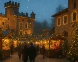 Magici mercatini di Natale in Romagna, con bancarelle illuminate e un castello sullo sfondo, mentre cade la neve.