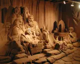 Un suggestivo presepe di sabbia a Rimini, con figure scolpite nella sabbia, tra cui angeli, la Sacra Famiglia, animali e un pastore.