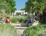Due donne sedute su panchine in un parco curato, con palme e vegetazione rigogliosa, in una giornata di sole a Riccione centro.