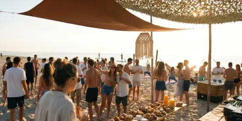 Un gruppo di persone festeggia su una spiaggia di Rimini, con un buffet di dolci e caffè. Alcuni fanno yoga, altri si godono il sole.