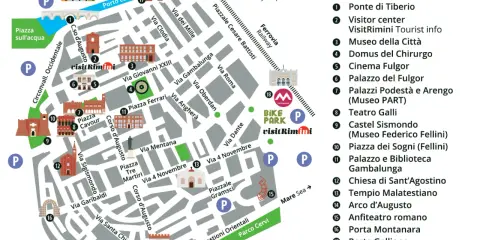 Mappa del centro storico di Rimini, con indicati monumenti, piazze e servizi.