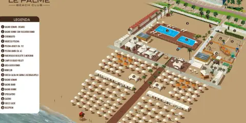 Mappa del Bagno 88-89 Le Palme Beach Club a Riccione: piscine, campi da beach volley, area giochi e servizi.