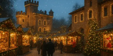 Magici mercatini di Natale in Romagna, con bancarelle illuminate e un castello sullo sfondo, mentre cade la neve.