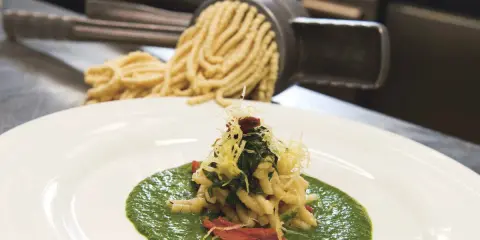 Pasta fresca fatta a mano su crema di verdure, un'idea su cosa mangiare a San Marino per un'esperienza culinaria autentica.