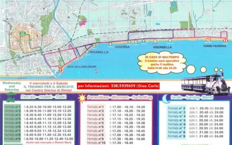 Mappa di Rimini con il percorso del trenino turistico, che collega il centro storico alle zone balneari come Viserba e Torre Pedrera. Orari del trenino Igea Marina.