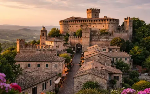 Borgo medievale con castello imponente, forse un tempo dimora dei Malatesta di Rimini, al tramonto.