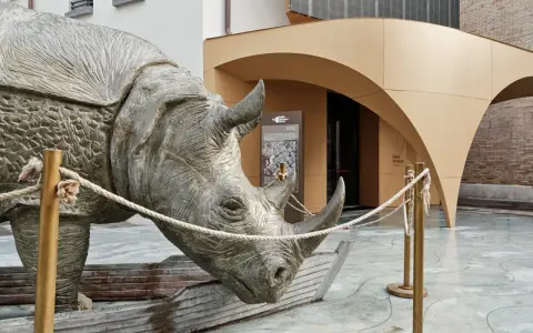 Scultura di rinoceronte in una barca, davanti al Fellini Museum di Rimini.