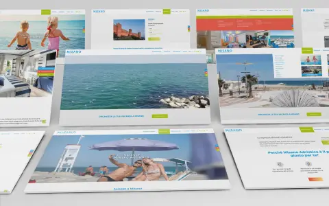 Schermate di siti web che promuovono vacanze a Misano Adriatico, con immagini di spiagge, mare e castelli.