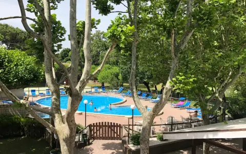 Piscina azzurra e lettini prendisole al **hotel Faro San Mauro Mare**, tra alberi rigogliosi.