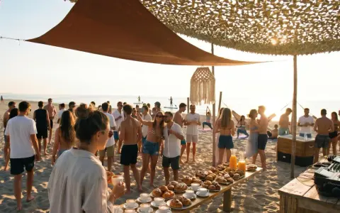 Un gruppo di persone festeggia su una spiaggia di Rimini, con un buffet di dolci e caffè. Alcuni fanno yoga, altri si godono il sole.
