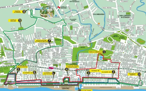 Percorso del trenino di Riccione: da Aquafan a P.le del Porto, passando per il Vecchio Riccione e il Parco Comunale.