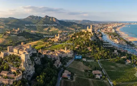 Panoramica di borghi medievali e paesaggi collinari, ideali per gite di un giorno da Rimini: San Leo, Gradara, Santarcangelo, Sasso Simone.