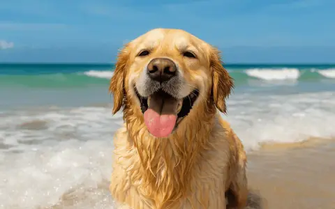 Golden retriever felice in acqua, con la lingua fuori. Chissà a quanti mesi posso portare il cane al mare per godersi questa gioia!