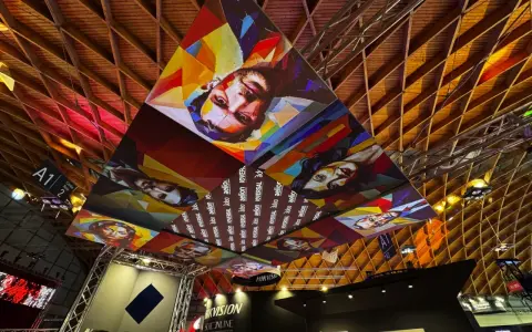 Installazioni artistiche colorate dominano il soffitto di una mir fiera, con volti stilizzati e il logo "Hikvision".