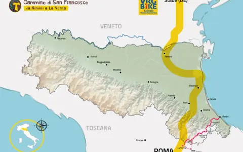 Mappa del cammino di San Francesco da Rimini a La Verna, con percorso ciclabile evidenziato.