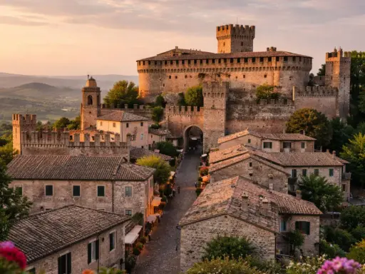 Borgo medievale con castello imponente, forse un tempo dimora dei Malatesta di Rimini, al tramonto.