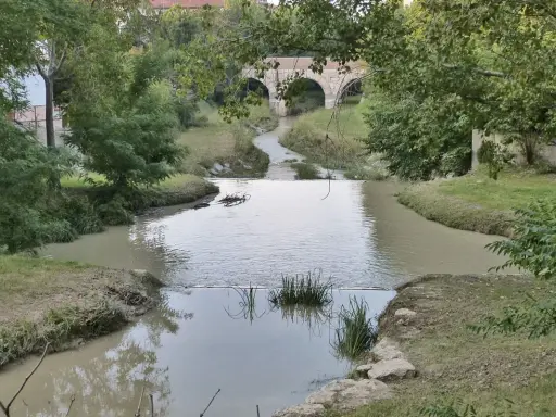 Un fiume serpeggia verso un antico ponte ad archi, evocando il **passaggio del Rubicone**. Vegetazione lussureggiante e acque tranquille.