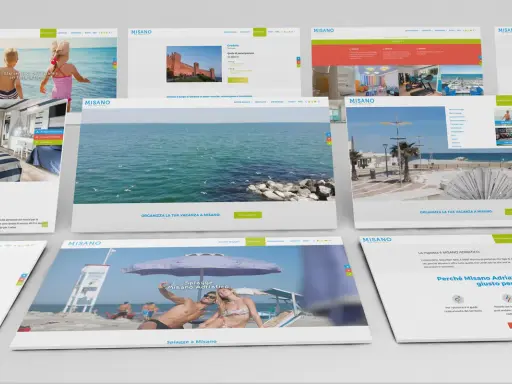 Schermate di siti web che promuovono vacanze a Misano Adriatico, con immagini di spiagge, mare e castelli.
