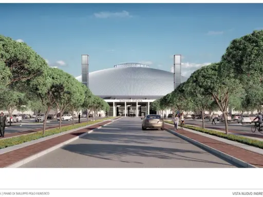 Ingresso ovest della fiera di Rimini, con viali alberati, parcheggi e un'imponente cupola.