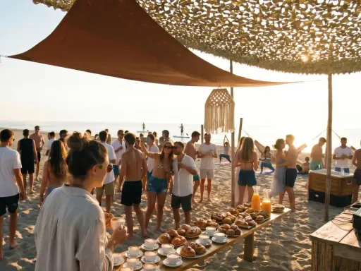 Un gruppo di persone festeggia su una spiaggia di Rimini, con un buffet di dolci e caffè. Alcuni fanno yoga, altri si godono il sole.