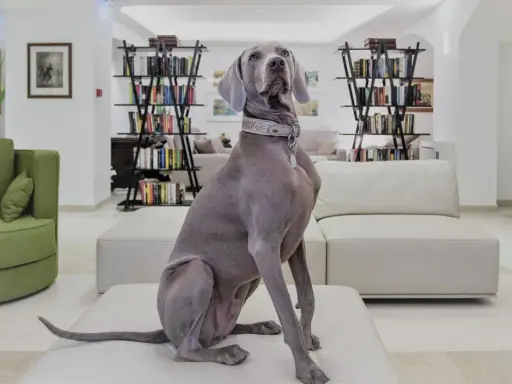 Un elegante Weimaraner attende nella hall di un hotel a Rimini, dove gli animali sono ammessi.