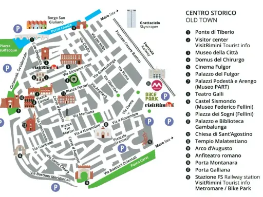 Mappa del centro storico di Rimini: scopri cosa fare a Rimini, tra monumenti, musei e il lungomare.