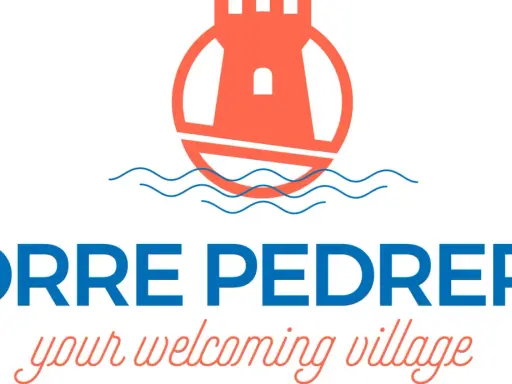 Logo di Torre Pedrera, con una torre stilizzata sopra il mare. Sotto, il nome "TORRE PEDRERA" e la scritta "your welcoming village Rimini".