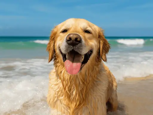 Golden retriever felice in acqua, con la lingua fuori. Chissà a quanti mesi posso portare il cane al mare per godersi questa gioia!