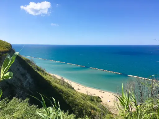 Vista panoramica della spiaggia di Fiorenzuola di Focara, con mare azzurro e scogliera verdeggiante.