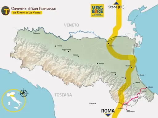 Mappa del cammino di San Francesco da Rimini a La Verna, con percorso ciclabile evidenziato.